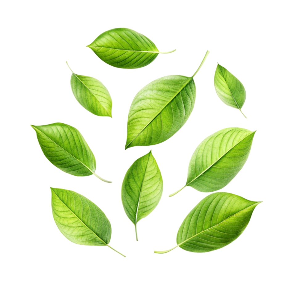 Vibrant Green Leaves Floating on Black Background Botanical Illustration png