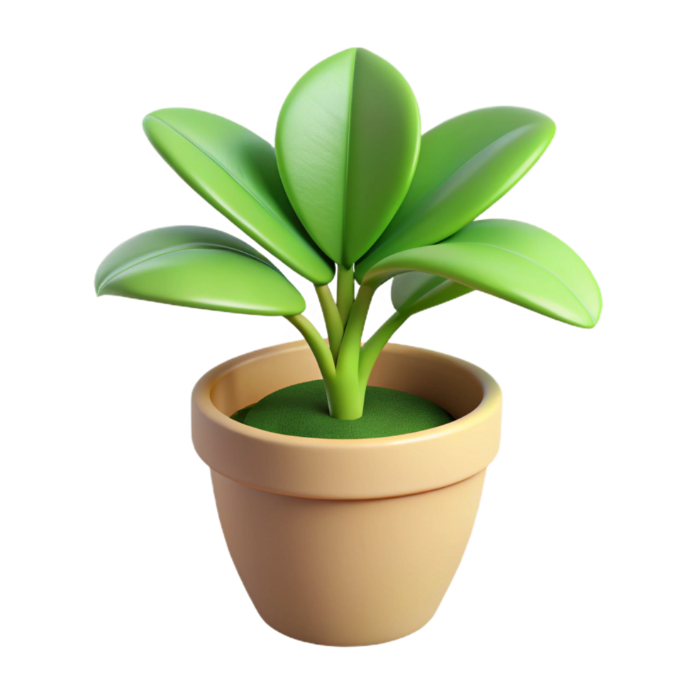 Adorable Cartoon Potted Plant 3D Render Illustration Green Leaves Beige Pot Home Decor png