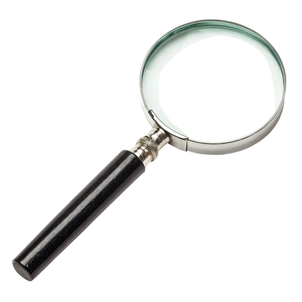 A Classic Handheld Magnifying Glass with a Black Wooden Handle and Silver Metal Frame png