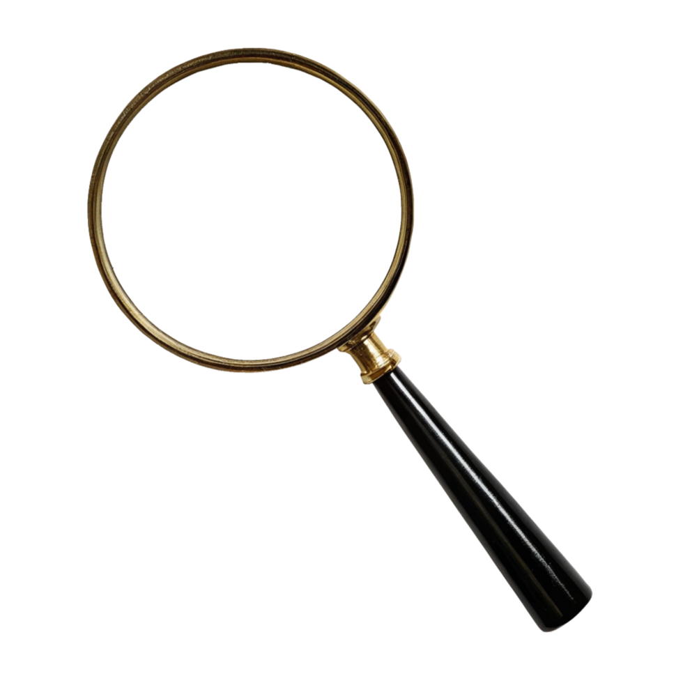 A Classic Magnifying Glass with a Gold Frame and Black Handle, Isolated on Black Background png