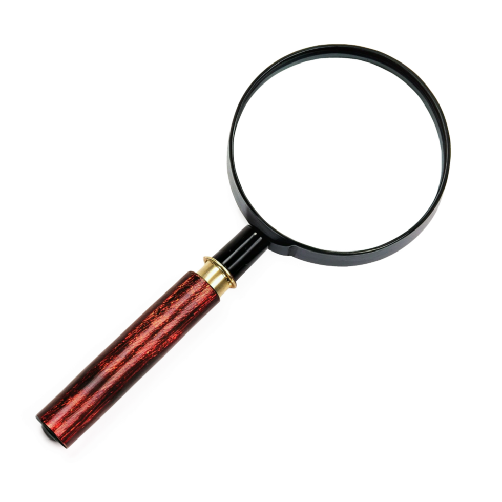 Magnifying Glass with Red Wood Handle on Black Background Detailed Closeup png