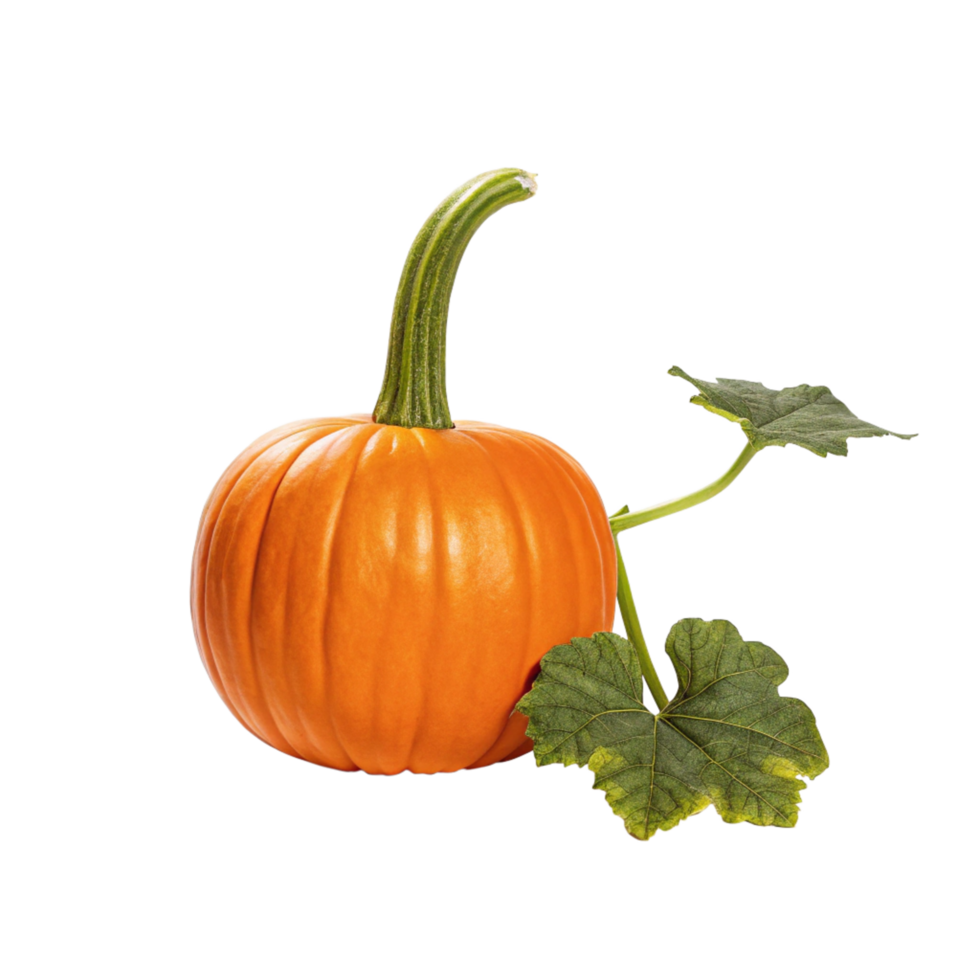 A vibrant orange pumpkin with its green stem and leaves against a black background a perfect autumn harvest image png