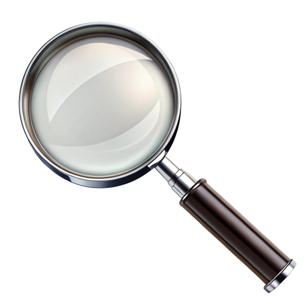 A Detailed Image of a Classic Magnifying Glass with a Dark Brown Handle and a Shiny Silver Rim png