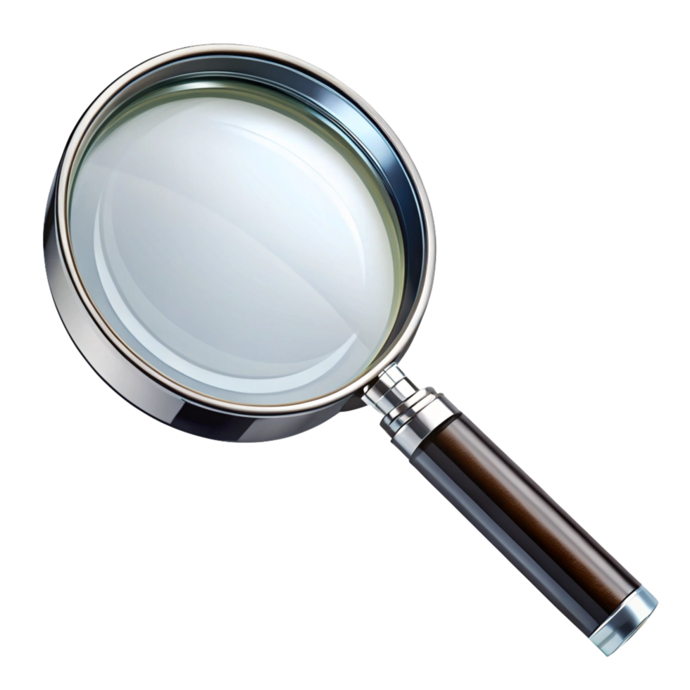 A highresolution image of a classic magnifying glass with a dark brown wooden handle and a metallic frame png