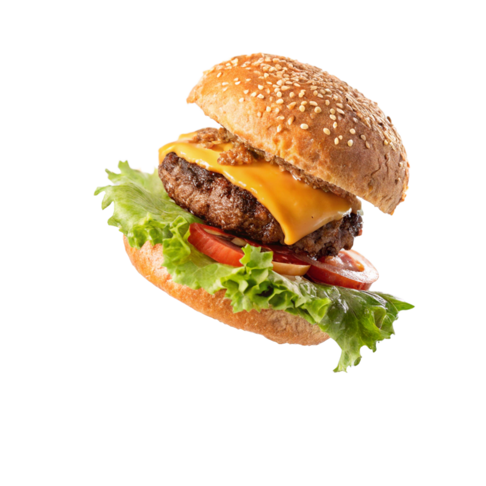 Cheeseburger with Sesame Seed Bun Lettuce and Tomato png