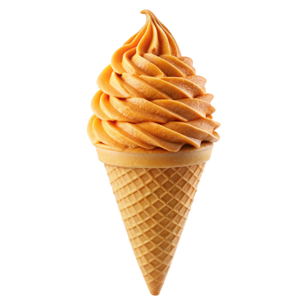 Delicious Caramel Swirl Soft Serve Ice Cream Cone on Black Background png
