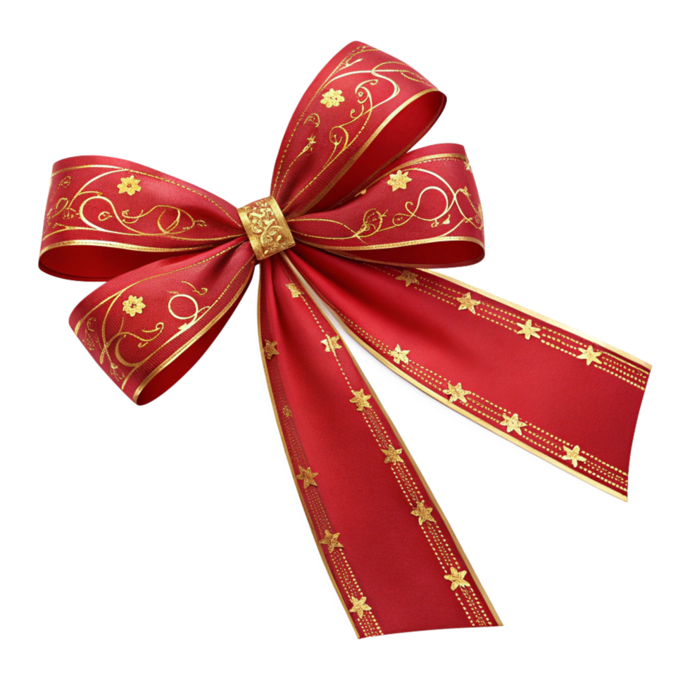 Elegant Red and Gold Christmas Bow with Intricate Floral Design png