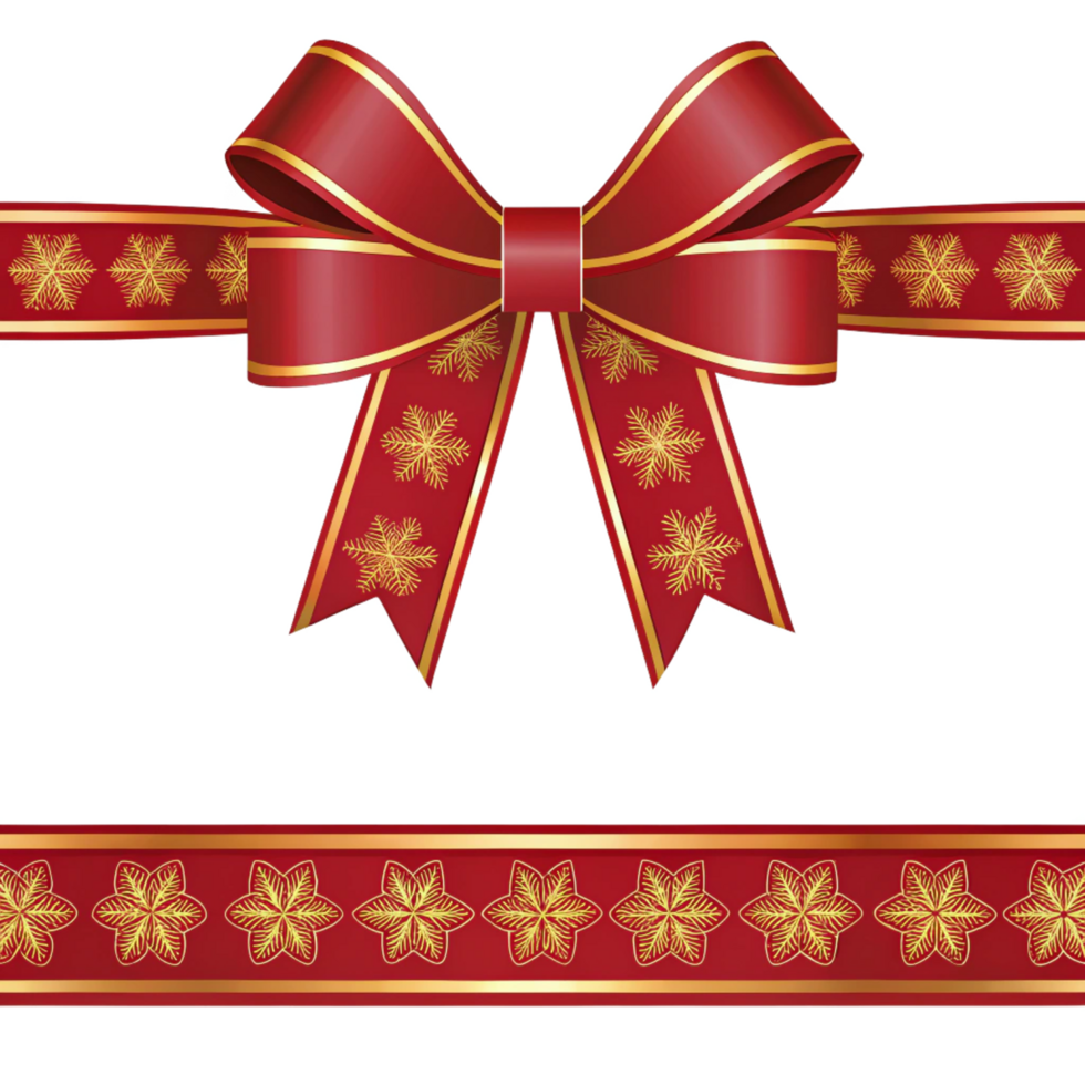 A Festive Red and Gold Christmas Bow with Snowflake Pattern on Ribbon png