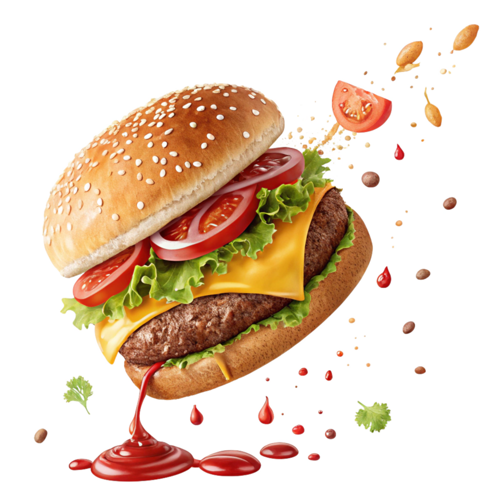 Juicy Delicious Burger with Sesame Bun Topped with Melted Cheese and Fresh Tomatoes and Lettuce in mid air with Ketchup Dripping png