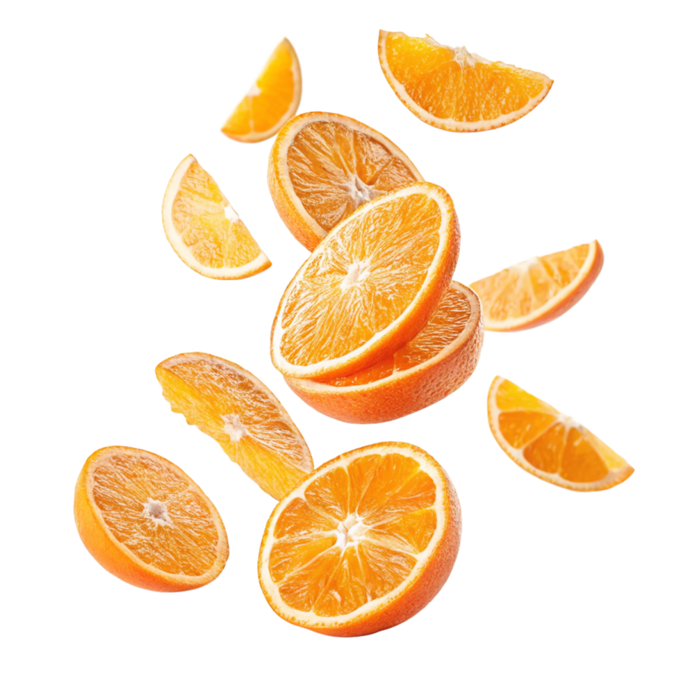 Multiple Orange Slices Falling on Black Background Juicy Citrus Fruit Photography png