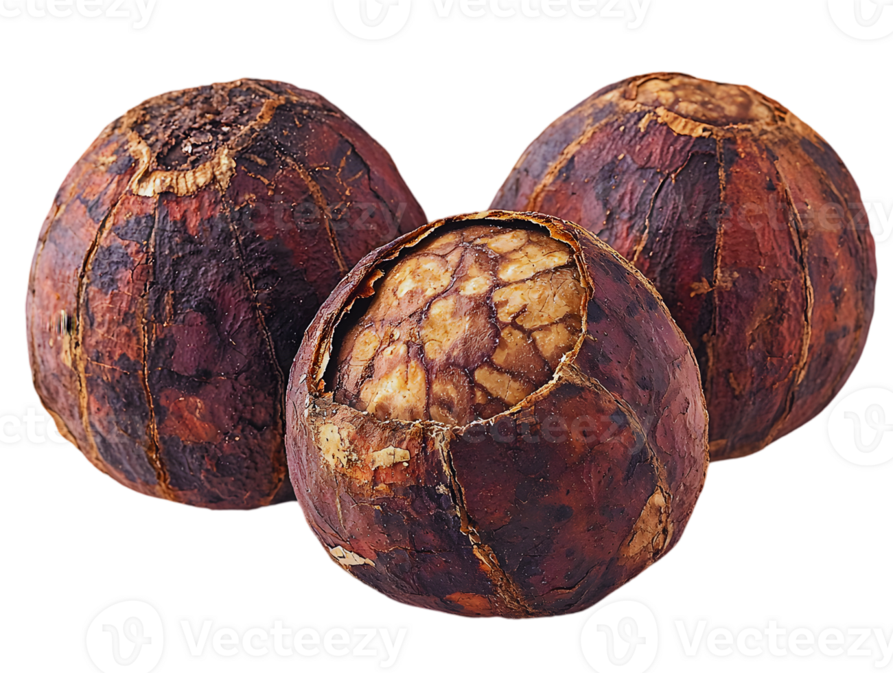 Three Brown Mangosteen Fruits Isolated On Black png