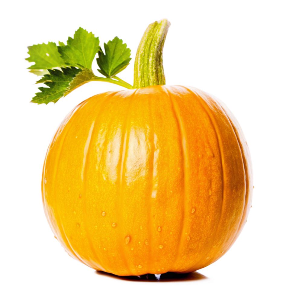 A Single Small Orange Pumpkin with Green Stem and Leaves on a Black Background png