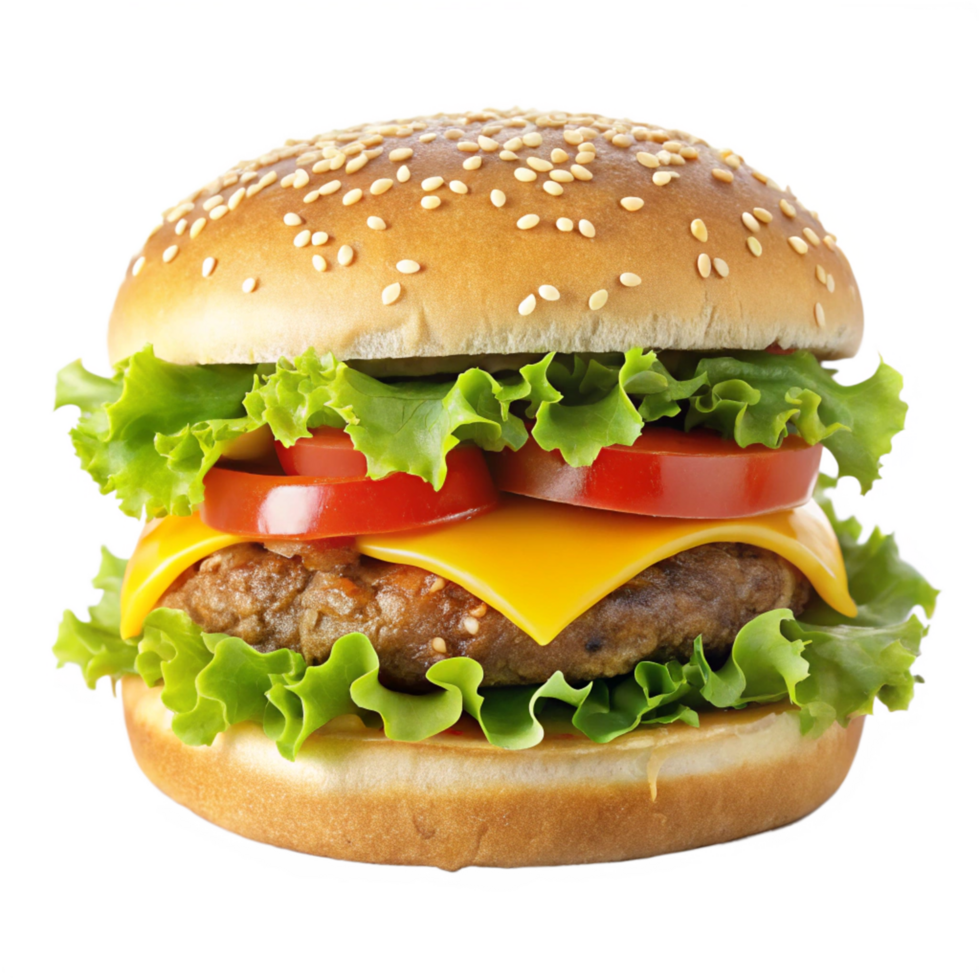 Juicy Delicious Cheeseburger with Sesame Seed Bun and Fresh Lettuce Tomato png