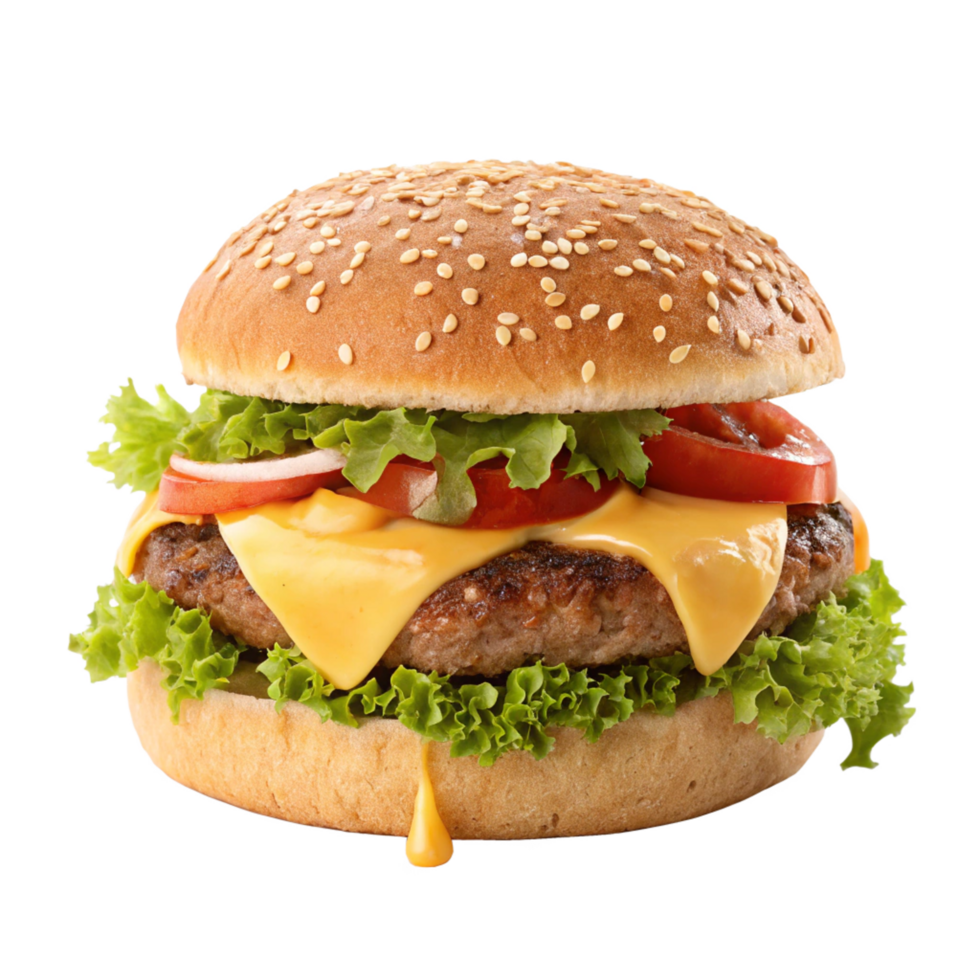 Juicy Cheeseburger with Sesame Seed Bun and Fresh Vegetables png
