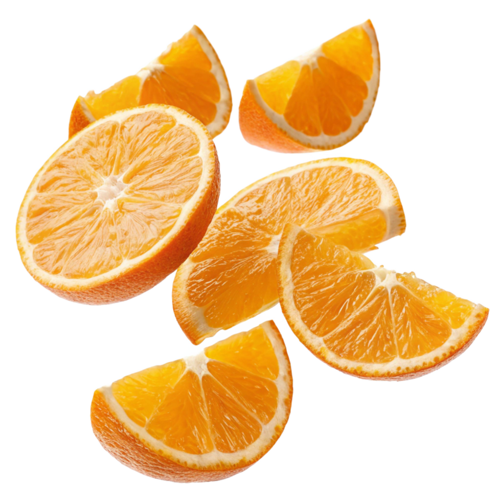 Fresh Orange Slices Falling on Black Background Juicy Citrus Fruit png