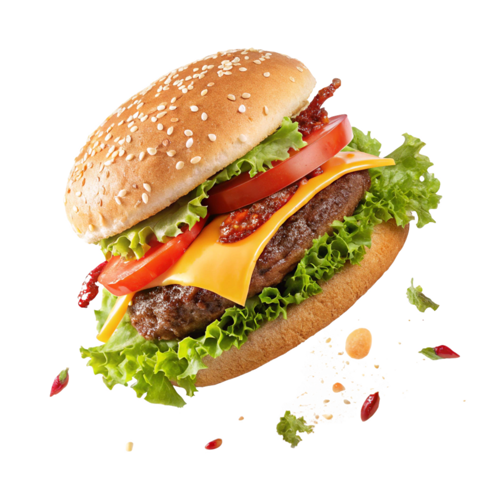 Juicy Delicious Sesame Seed Burger with Melted Cheese Lettuce and Tomato png