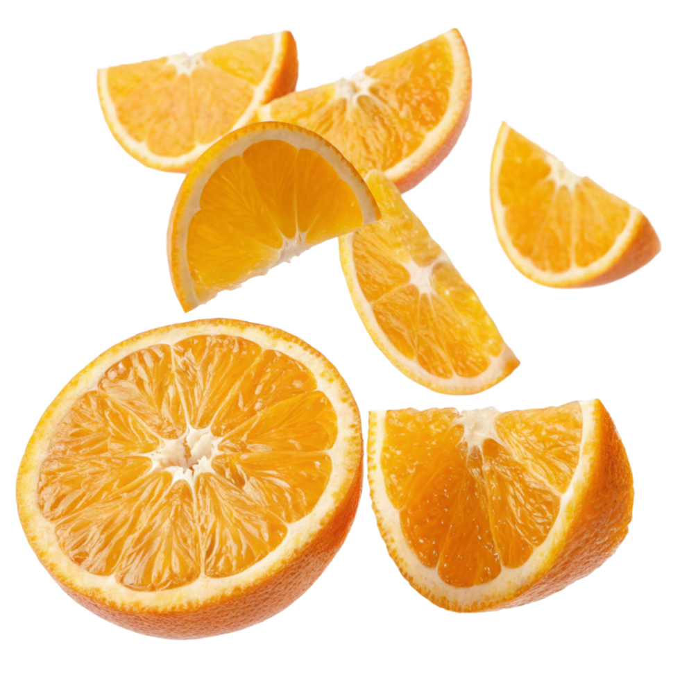 Juicy Slices of Fresh Oranges Falling in Air a Vibrant Display of Citrus Fruit Goodness png