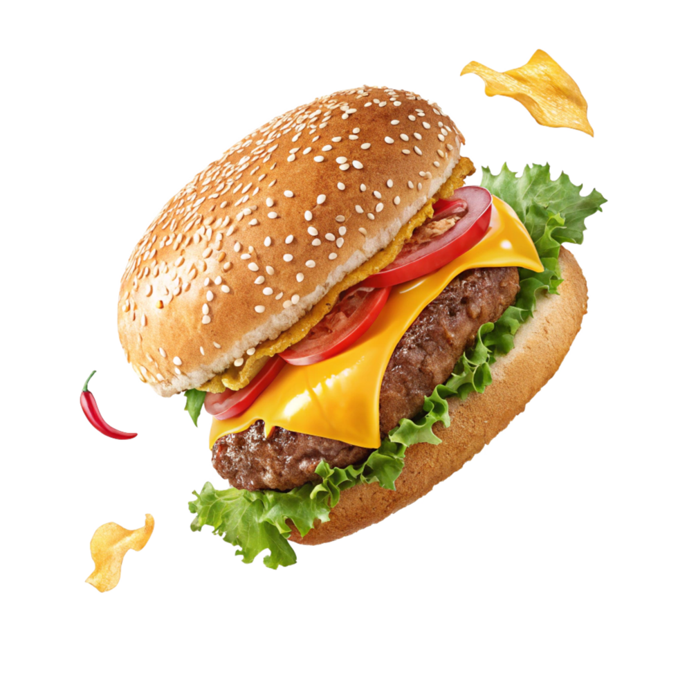 Juicy Delicious Cheeseburger with Sesame Bun and Crispy Potato Chips png