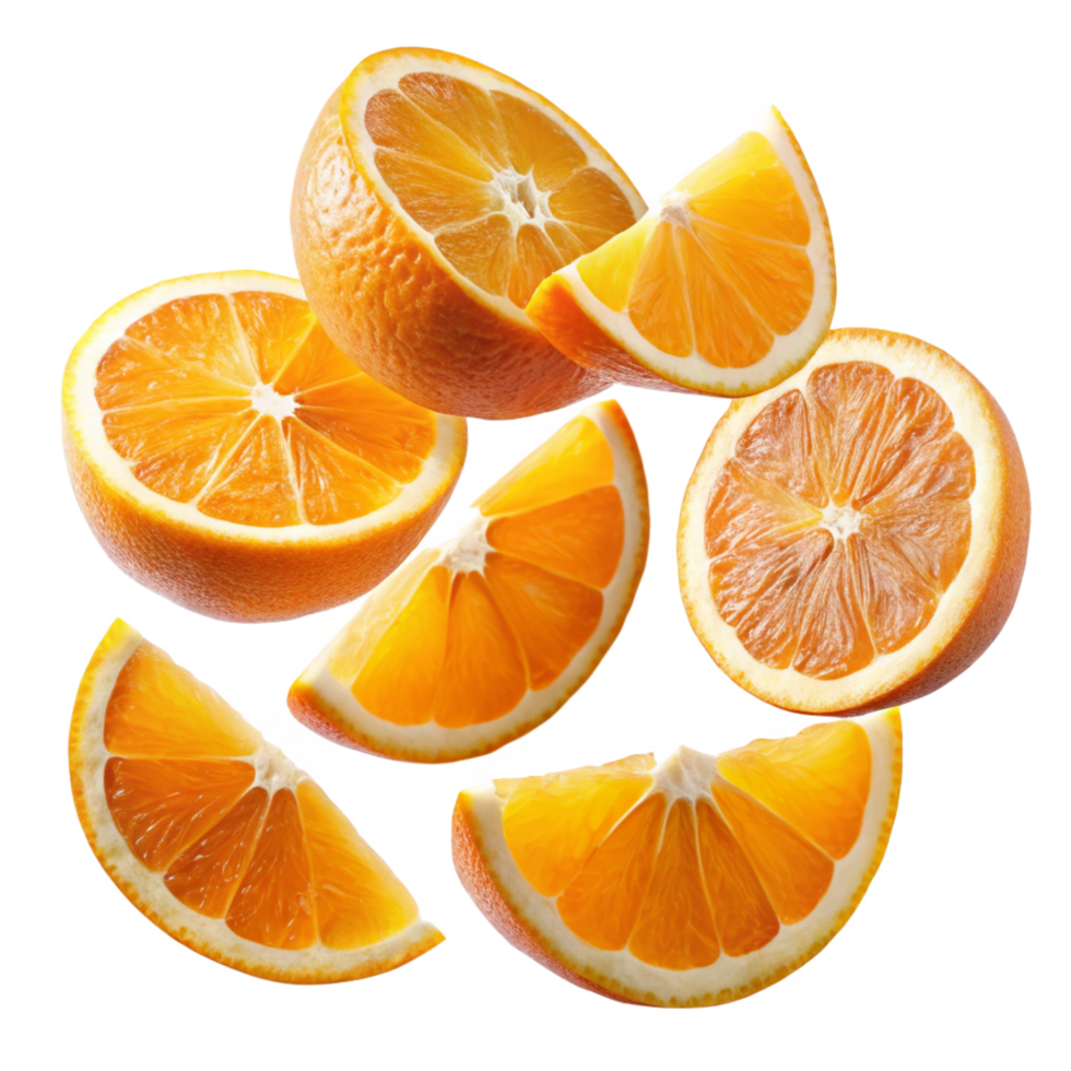 Vibrant Slices of Juicy Oranges Falling in midair on Black Background png