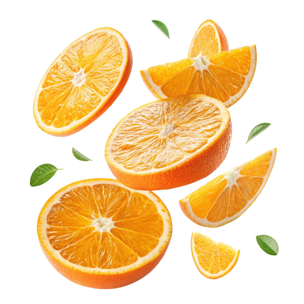 Juicy Orange Slices Falling in Air with Green Leaves png