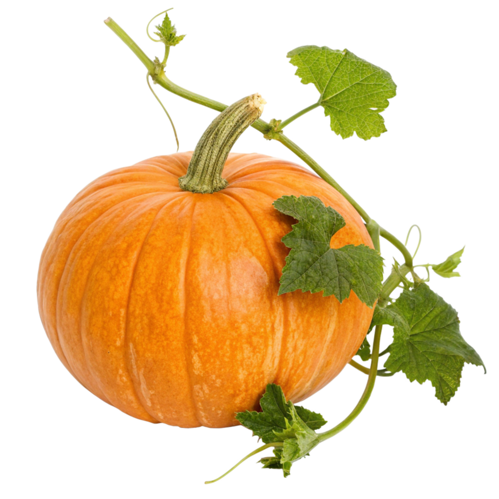 A Vibrant Orange Pumpkin with Lush Green Vine and Leaves png
