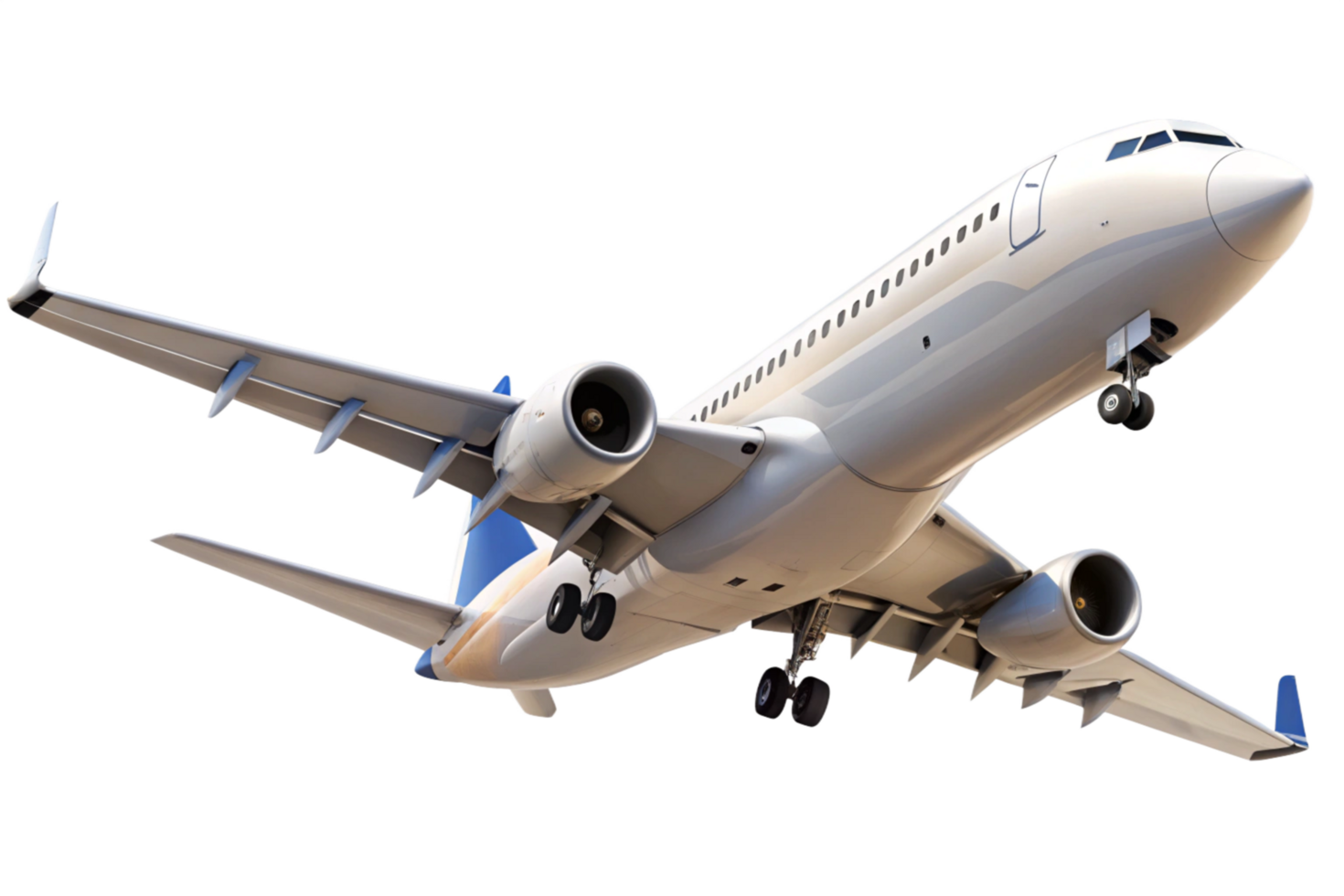 A detailed view of a commercial airplane in flight, showcasing its wings, engines, and landing gear png
