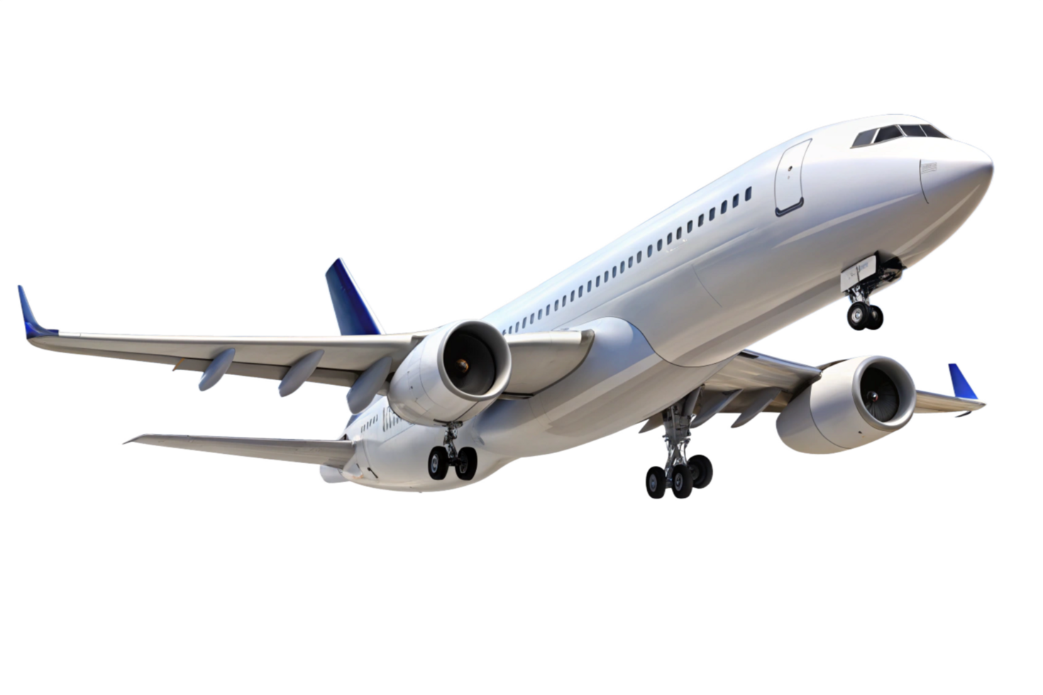 A detailed view of a modern passenger airplane in flight, showcasing its sleek design and powerful engines png