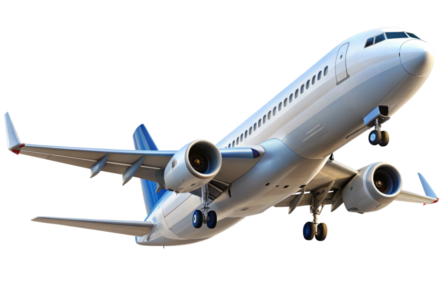 A detailed closeup view of a commercial passenger airplane in flight showcasing its engines, landing gear, and sleek design png