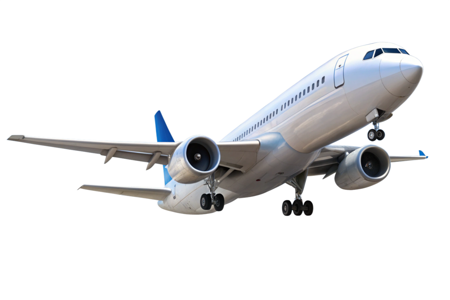 A detailed view of large commercial airplane in flight against a black background png