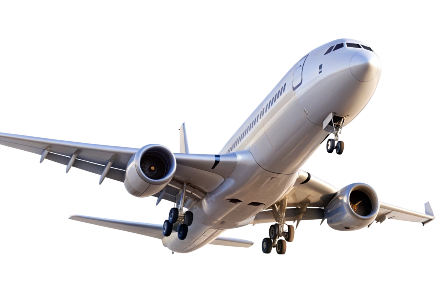 Closeup view of a large commercial airplane in flight gear landing gear extended png