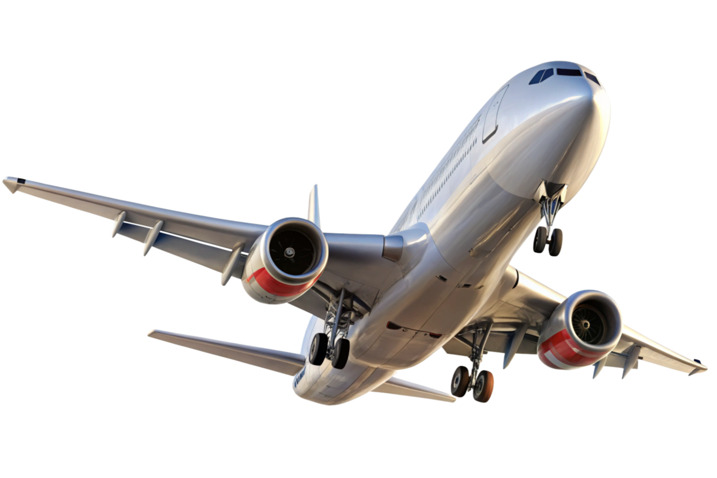A detailed view of a silver passenger airplane in flight from below showcasing its engines, landing gear, and wings png