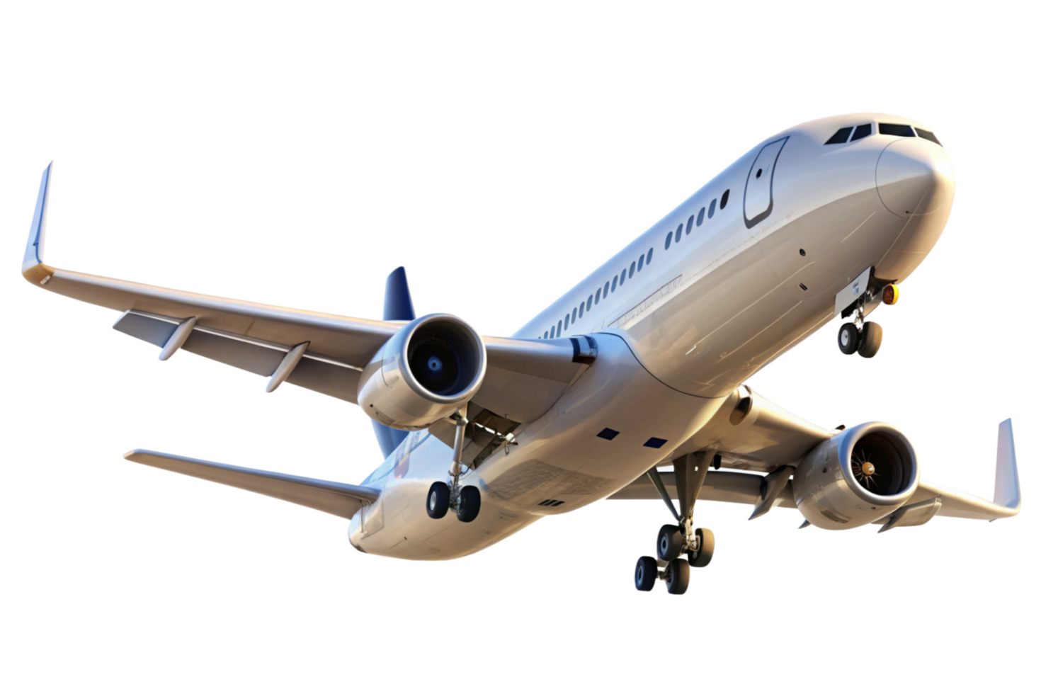 A detailed view of a large commercial airplane in flight against a black background png