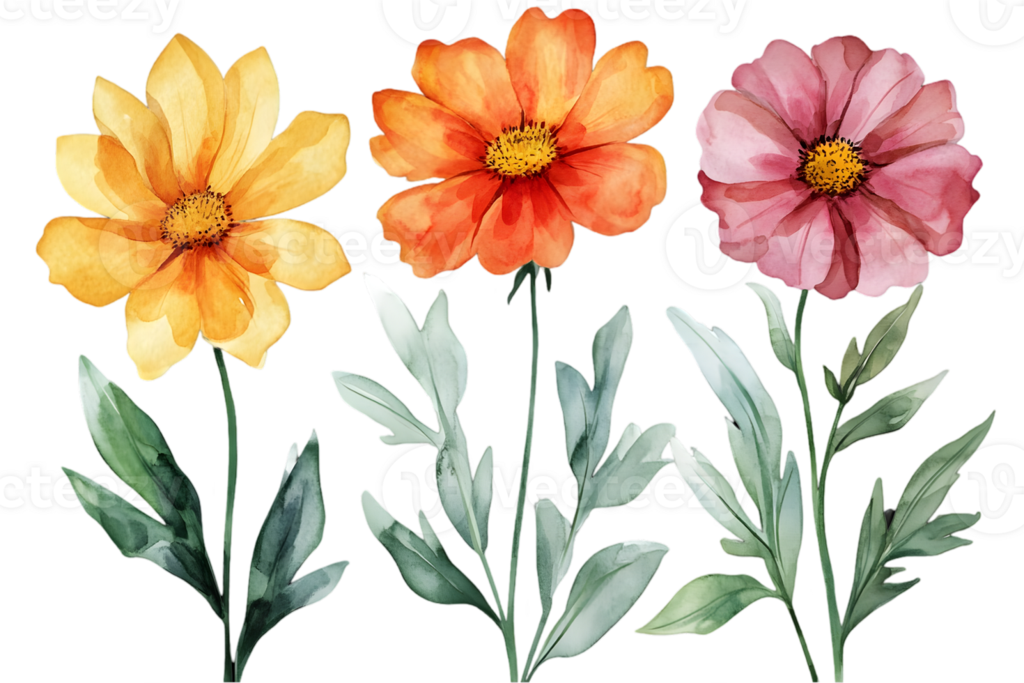 Watercolor Painting Of Three Colorful Flowers png