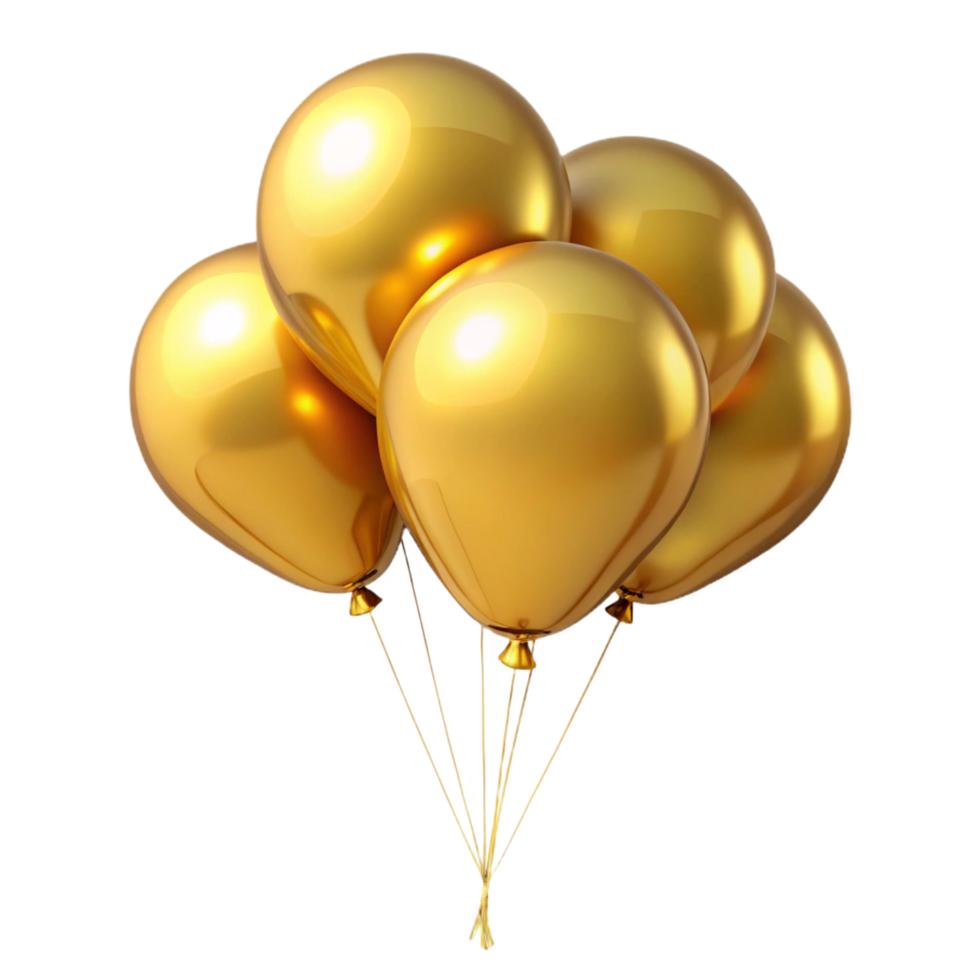 A cluster of shiny golden balloons tied together, floating against a black background png