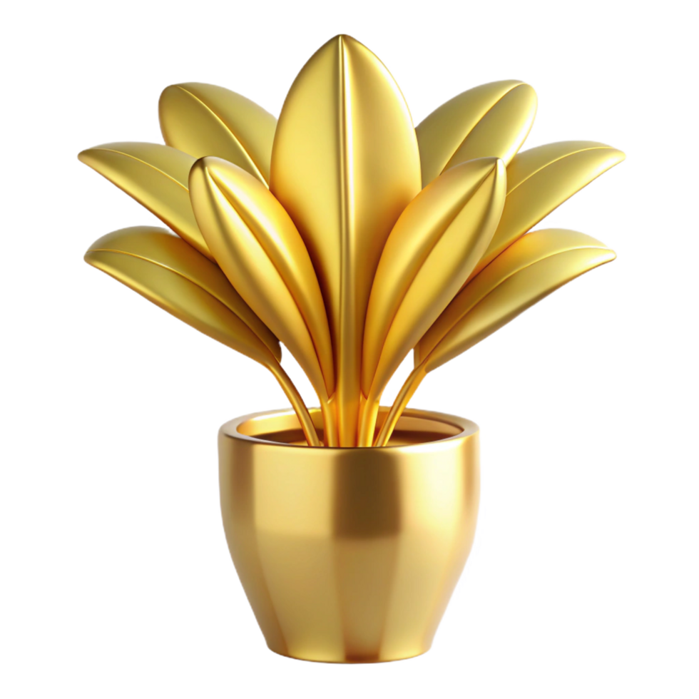 Golden Plant in Pot 3D Render Luxurious Shiny Wealthy Decoration png