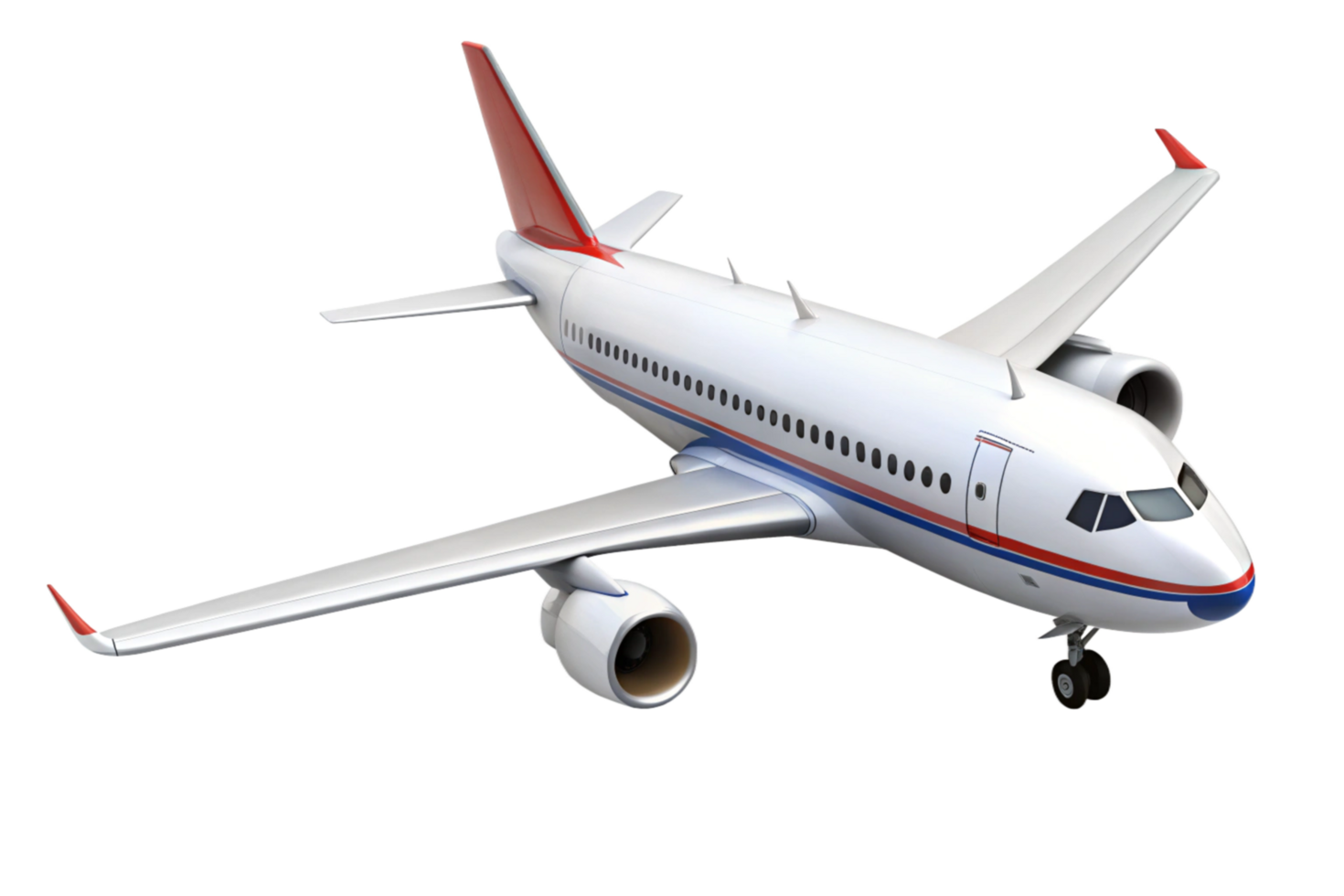 A detailed 3D rendering of a modern passenger airplane with red and white livery png