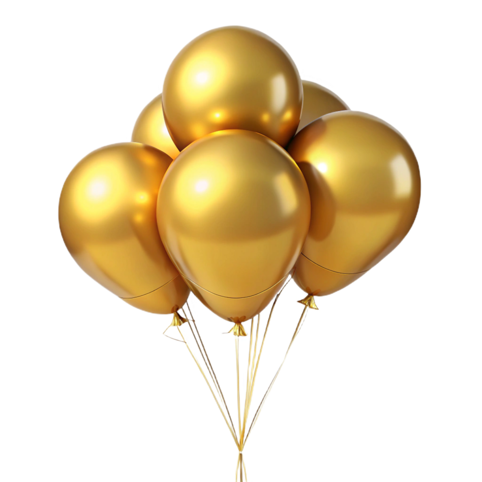 A cluster of five shiny golden balloons tied together, floating against a black background png