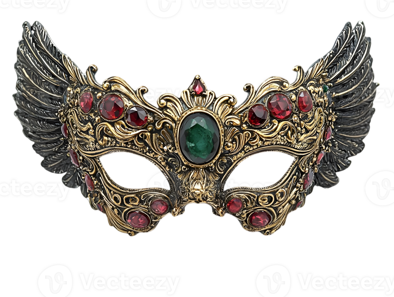 Ornate Golden Masquerade Mask with Wings Red and Green Jewels on Transparent Background png