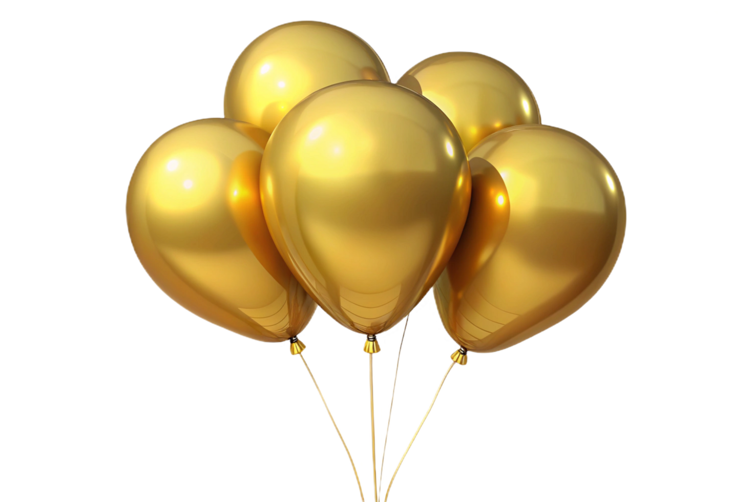 Five Glossy Golden Balloons Bunch Floating in Dark Background png