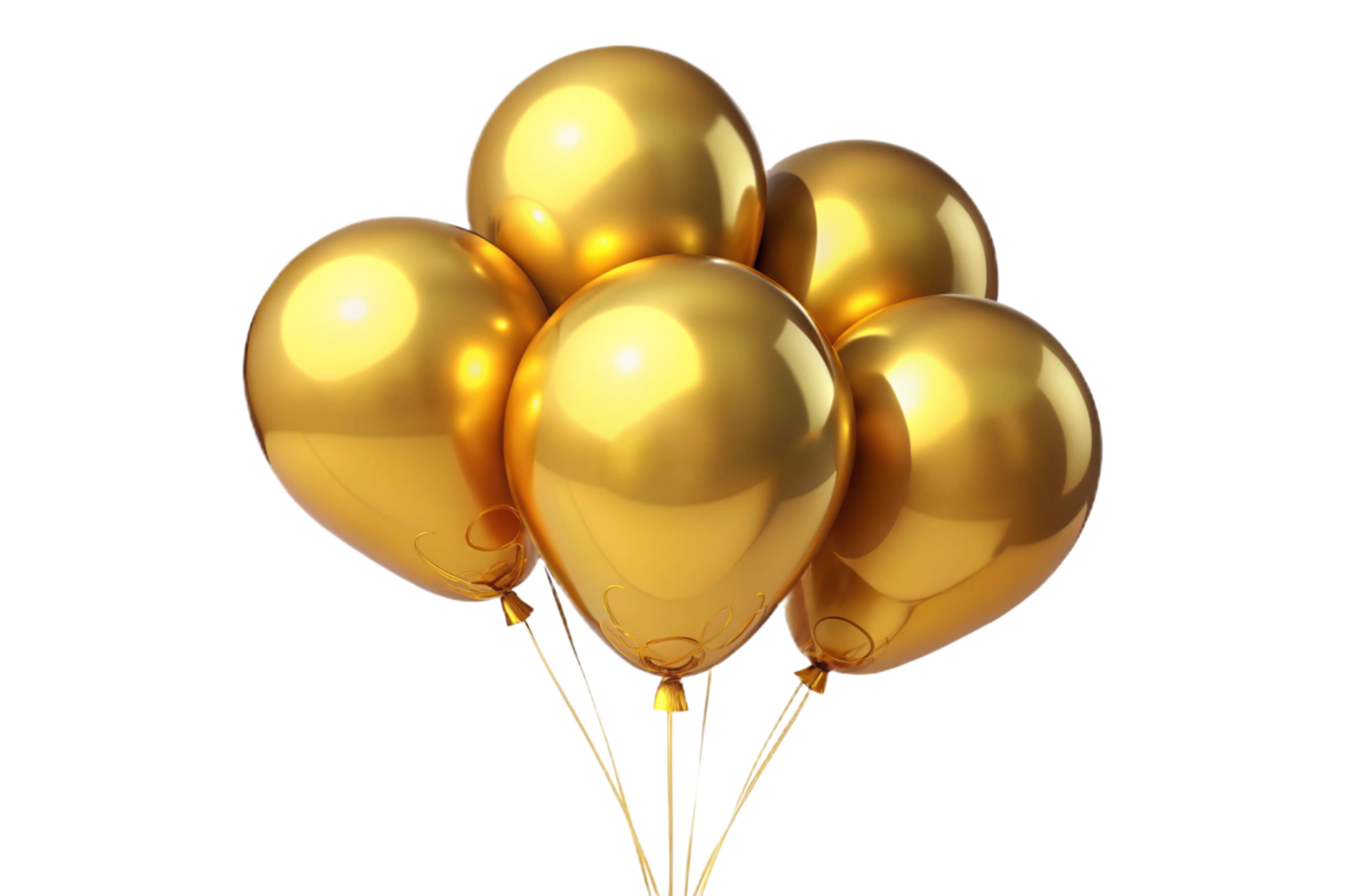 Five Shiny Golden Balloons Floating in the Air with Confetti png