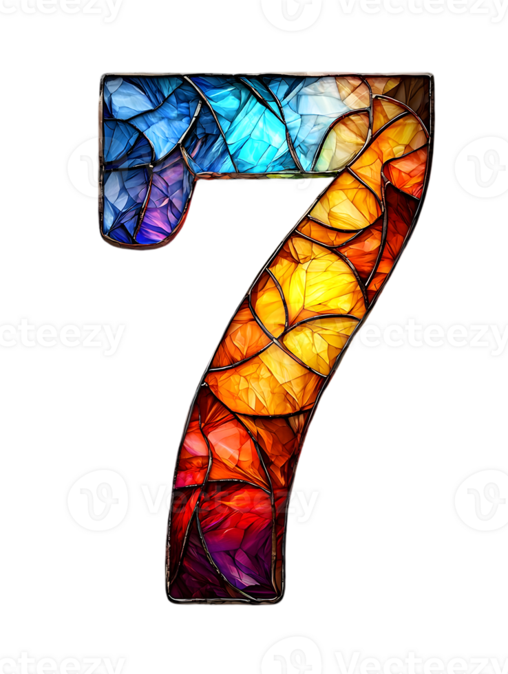 Mosaic Number Seven Isolated On Transparent Background Featuring Stained Glass Design With Vibrant Blue Orange And Red Color Scheme png