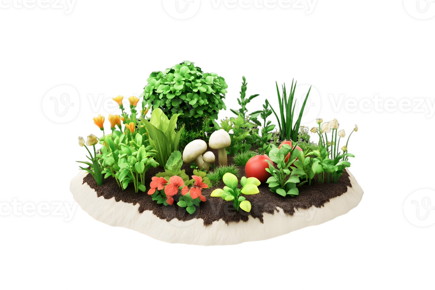 Miniature Garden Featuring Assorted Plants Mushrooms Flowers and Red Berries on a Black Background with Transparent Elements for Easy Integration into Designs png