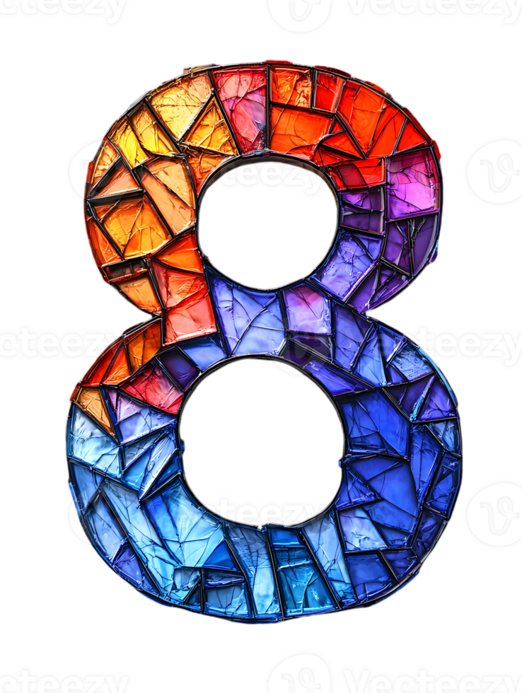 Mosaic Number Eight with Vibrant Stained Glass Design on Transparent Background png