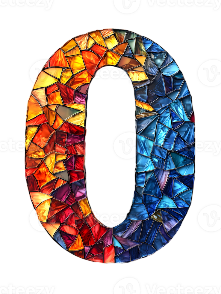 Mosaic Number Zero with Vibrant Red and Blue Tiles on Transparent Background png