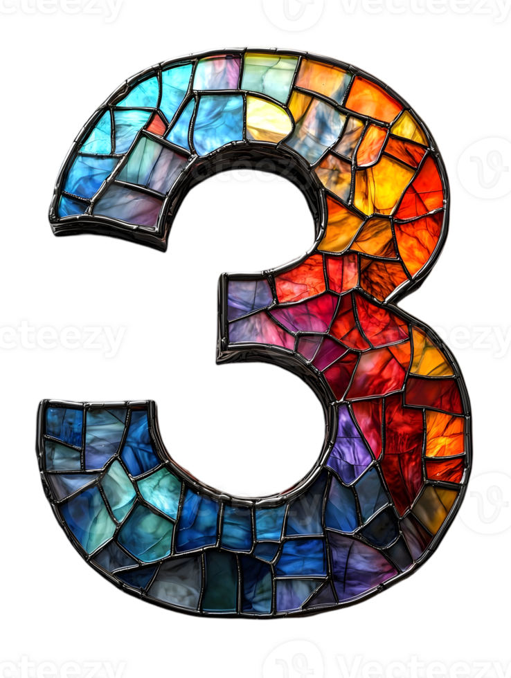 Mosaic Number Three with Stained Glass Texture in Vibrant Colors on Transparent Background png