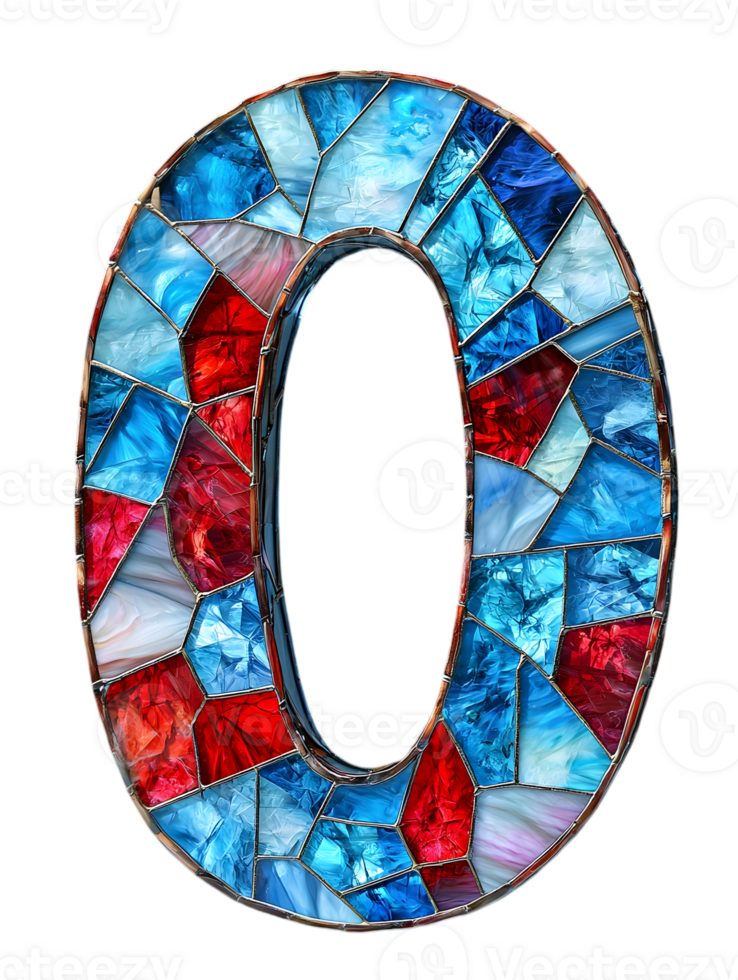 Mosaic Number Zero with Red and Blue Stained Glass on Transparent Background png