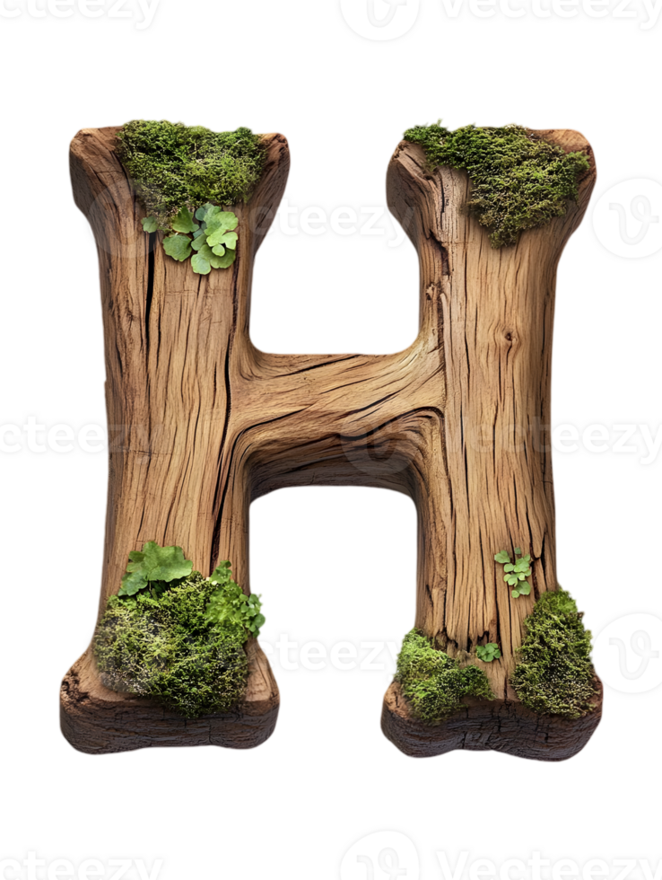 Mossy Wooden Letter H with Transparent Background Botanical Design and Textured Surface png