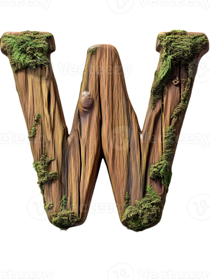 Mossy Wooden Letter W on Transparent Backdrop Detailed Alphabet Font with Natural Texture Rustic Wood and Lush Green Moss Accent png