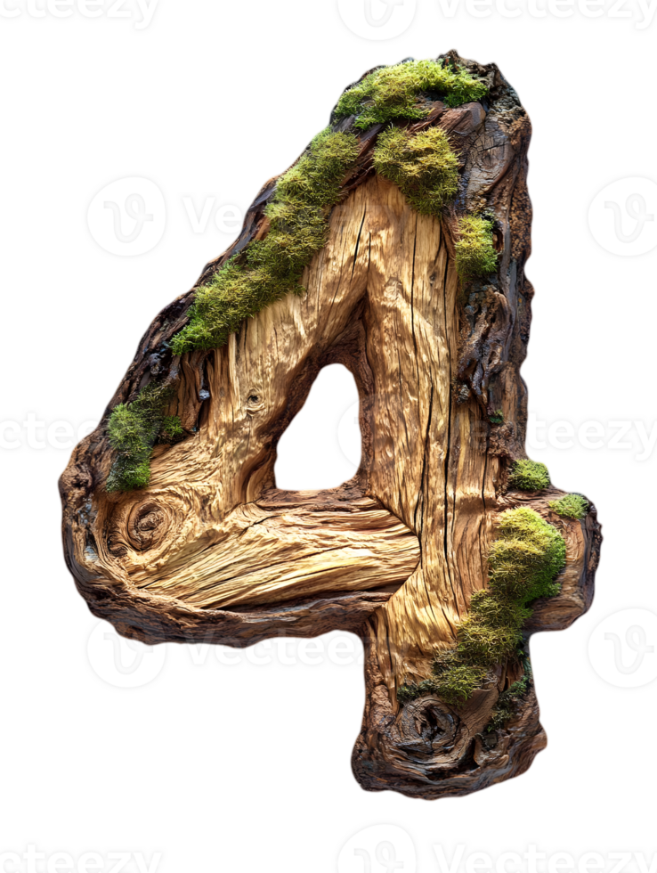 Mossy Wooden Number Four Carved from a Log on Transparent Background Detailed Wood Grain and Textured Surface with Organic Details png