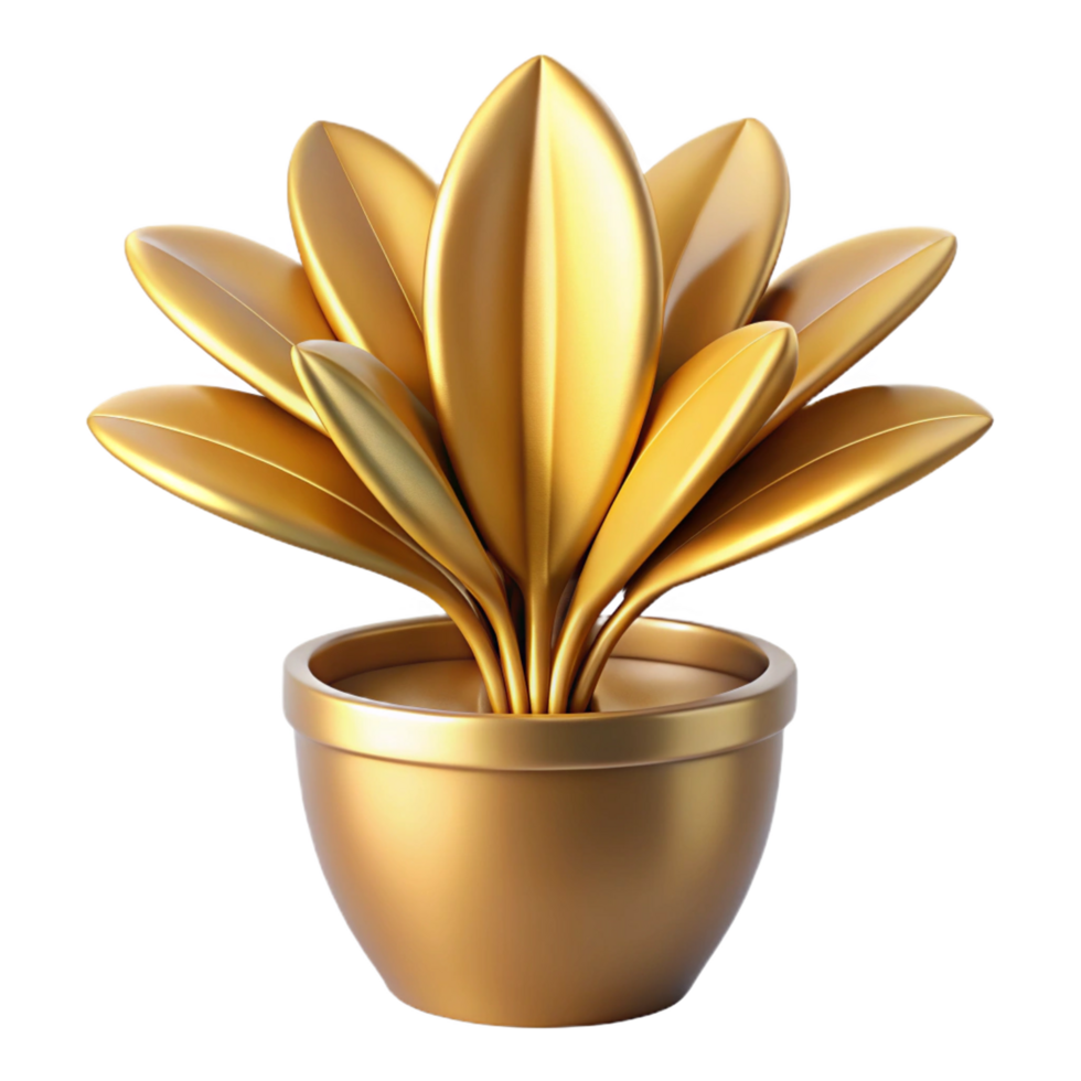Golden Plant in Pot 3D Render Luxurious Shiny Leaves and Container png